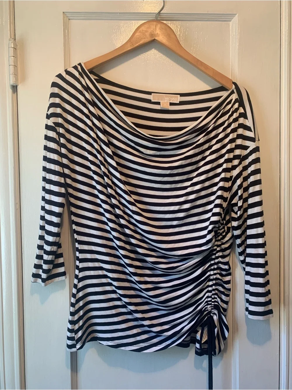 Michael Kors Black and White Striped Ruched Side Boatneck Top Size M